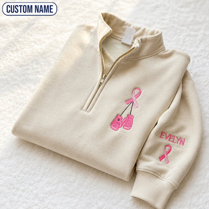 Personalized Pink Ribbon Boxing Gloves Embroidered Unisex Quarter Zip Sweatshirt, Awareness Gift