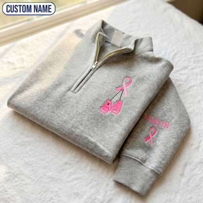 Personalized Pink Ribbon Boxing Gloves Embroidered Unisex Quarter Zip Sweatshirt, Awareness Gift