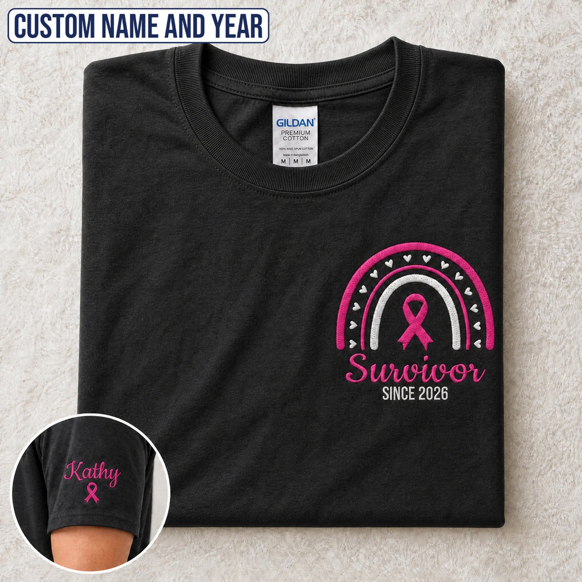 Personalized Pink Ribbon-Inspired Name & Year Embroidered Unisex T-shirt