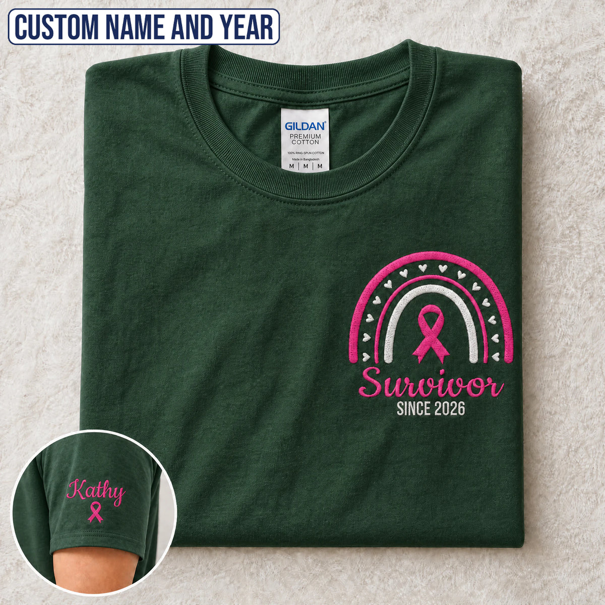 Personalized Pink Ribbon-Inspired Name & Year Embroidered Unisex T-shirt