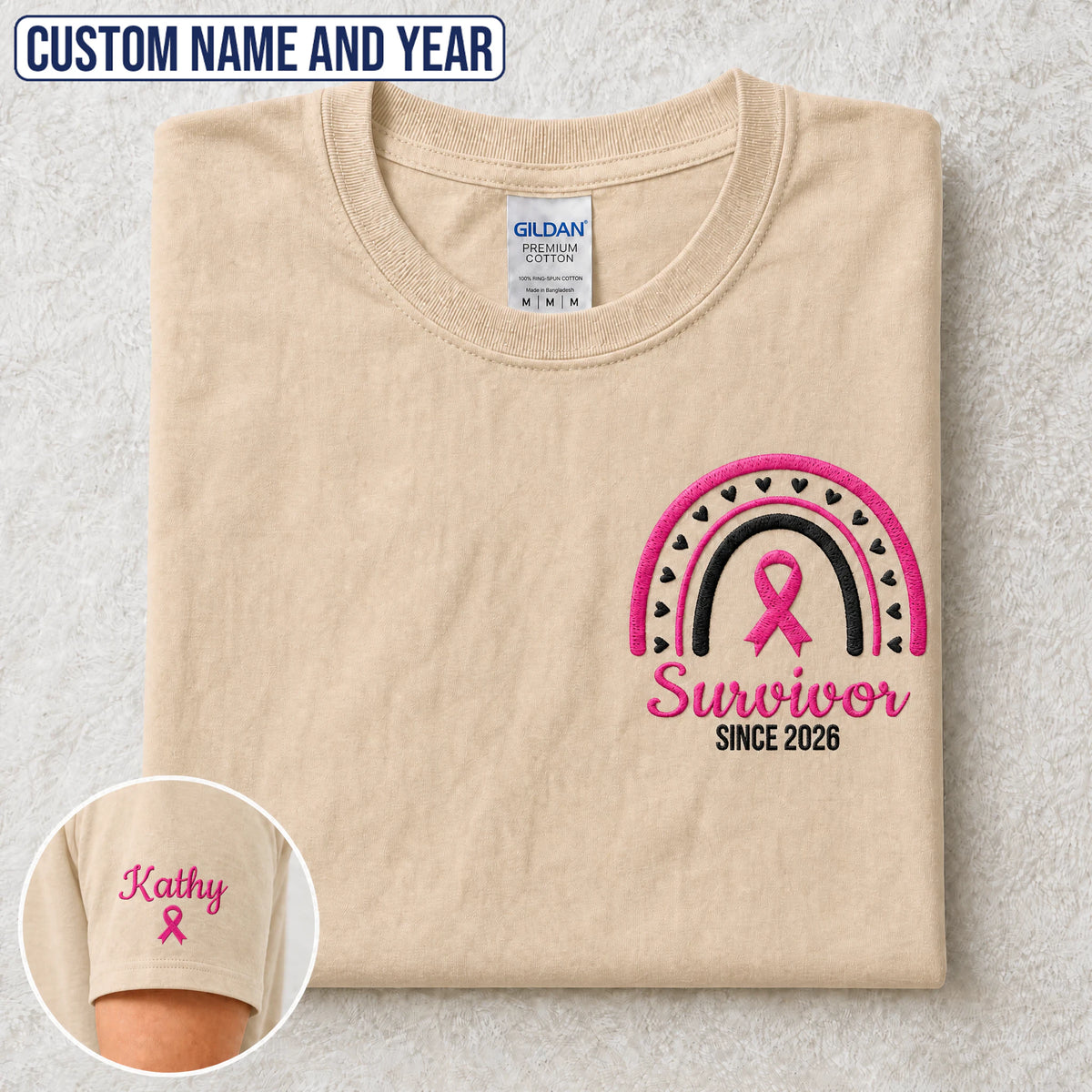 Personalized Pink Ribbon-Inspired Name & Year Embroidered Unisex T-shirt