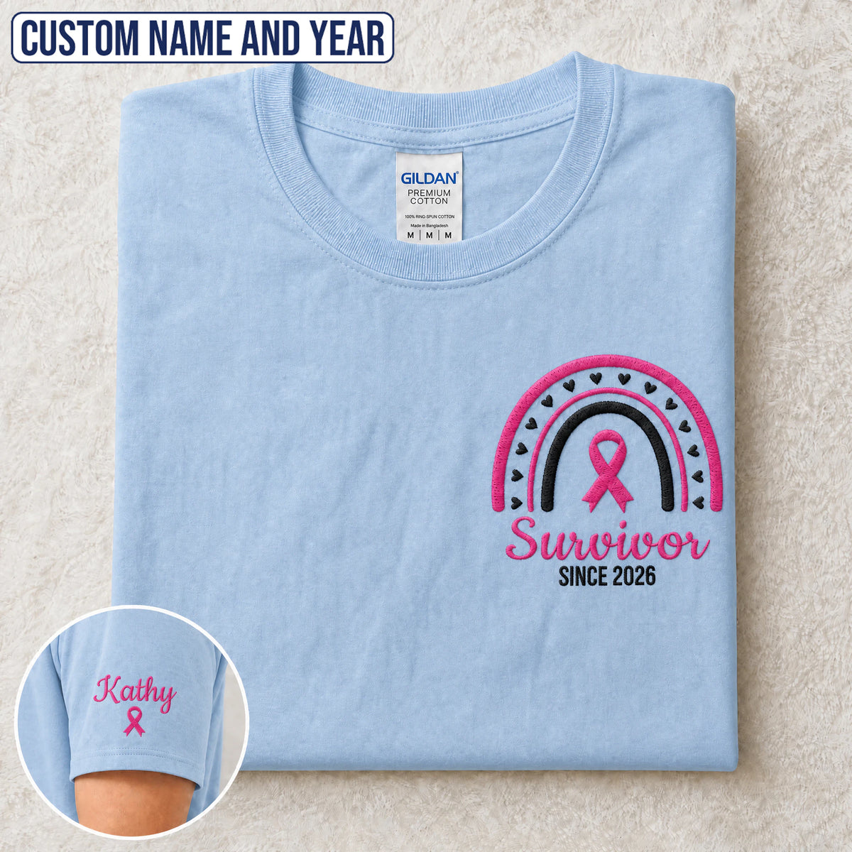 Personalized Pink Ribbon-Inspired Name & Year Embroidered Unisex T-shirt