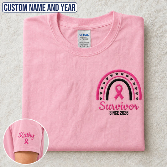 Personalized Pink Ribbon-Inspired Name & Year Embroidered Unisex T-shirt
