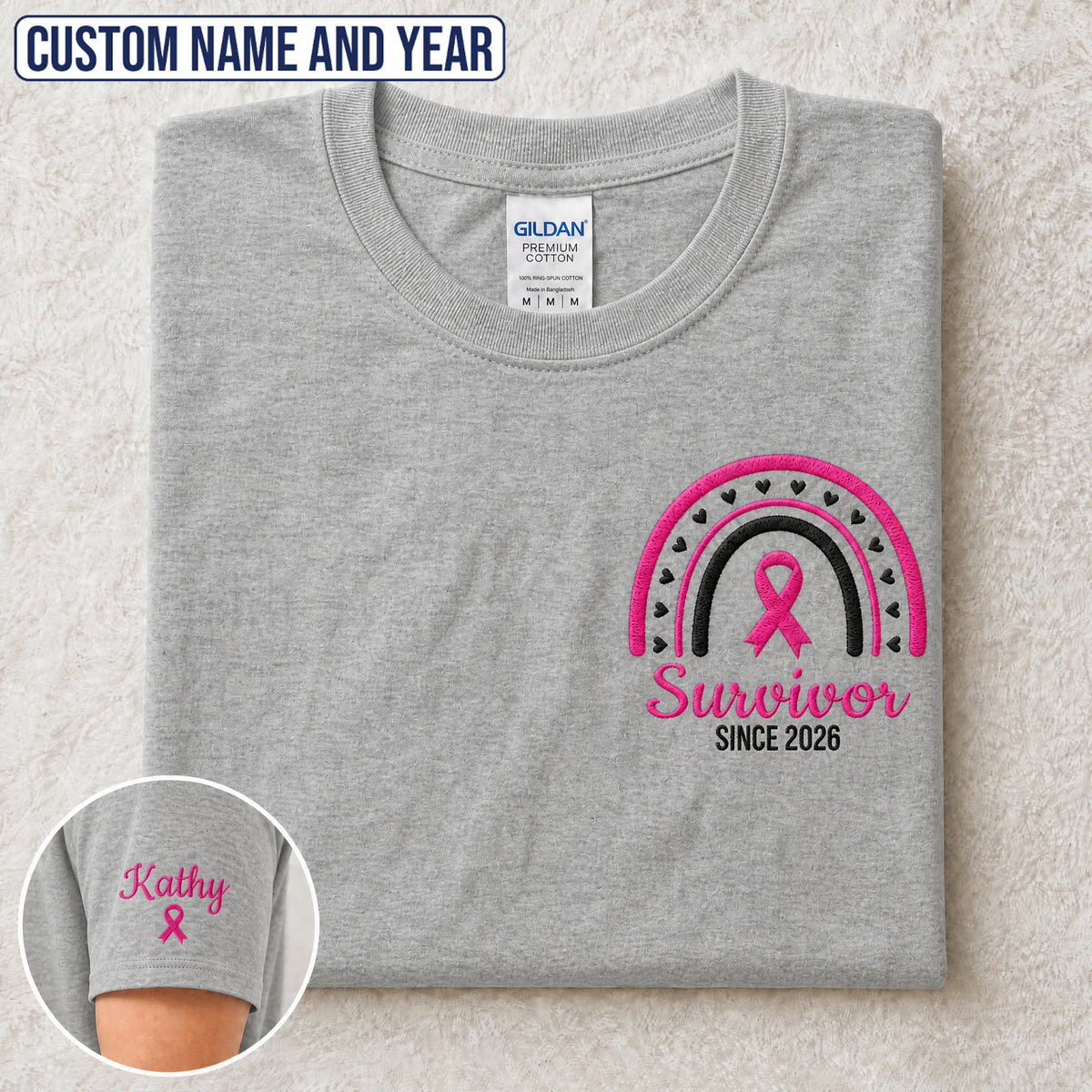 Personalized Pink Ribbon-Inspired Name & Year Embroidered Unisex T-shirt