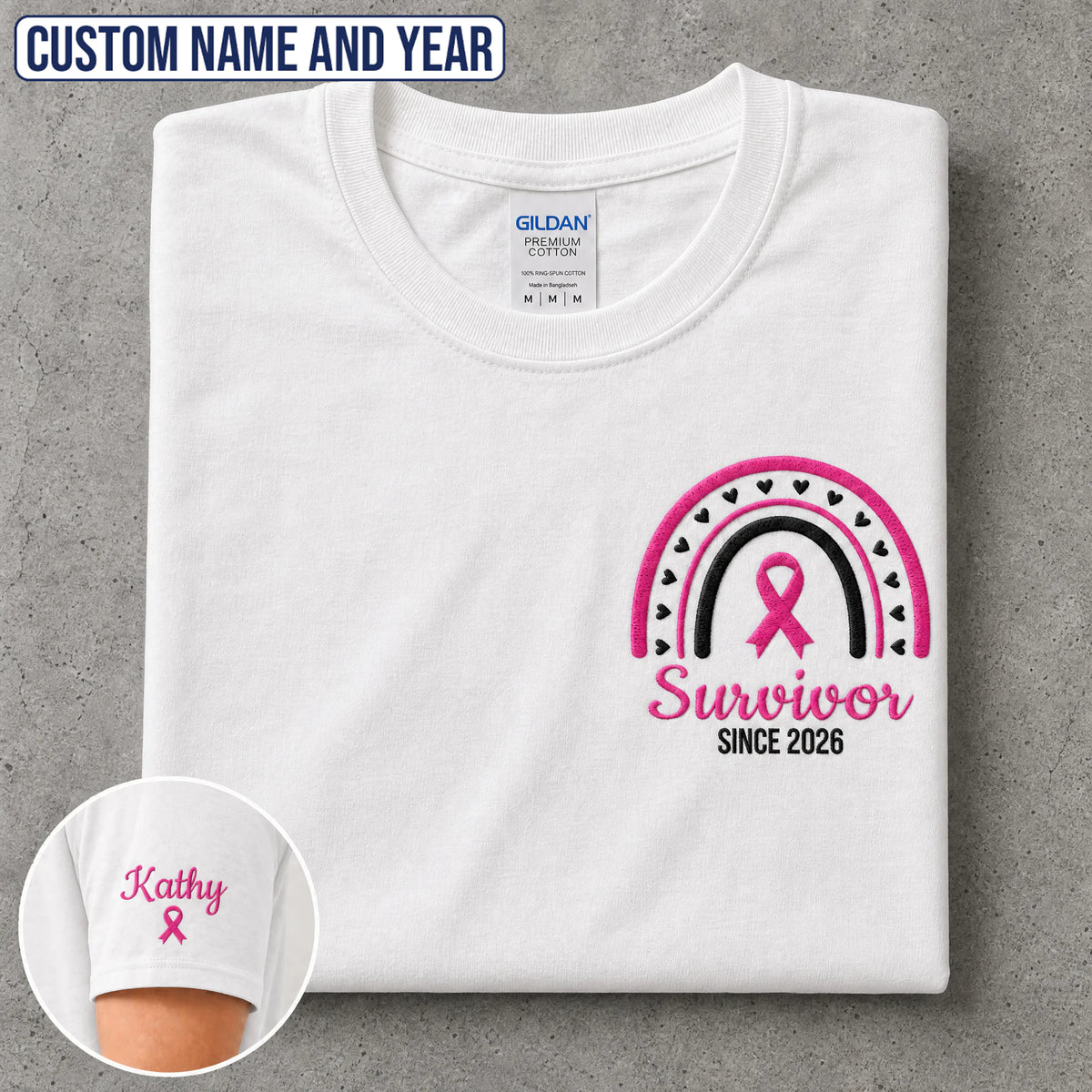 Personalized Pink Ribbon-Inspired Name & Year Embroidered Unisex T-shirt
