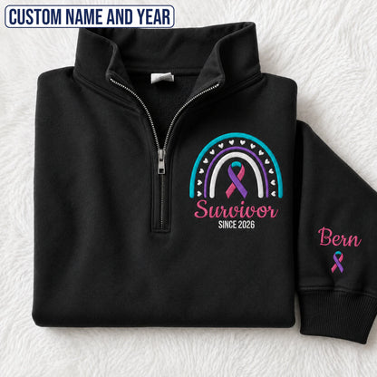 Personalized Teal-Pink-Blue Ribbon Inspired Name & Year Embroidered Unisex Quarter Zip Sweatshirt, Awareness Gift