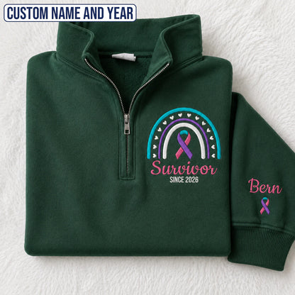 Personalized Teal-Pink-Blue Ribbon Inspired Name & Year Embroidered Unisex Quarter Zip Sweatshirt, Awareness Gift