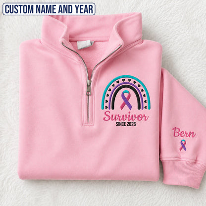 Personalized Teal-Pink-Blue Ribbon Inspired Name & Year Embroidered Unisex Quarter Zip Sweatshirt, Awareness Gift