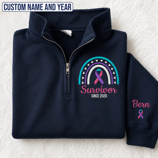 Personalized Teal-Pink-Blue Ribbon Inspired Name & Year Embroidered Unisex Quarter Zip Sweatshirt, Awareness Gift