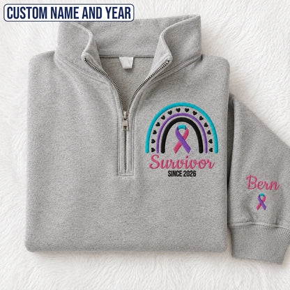 Personalized Teal-Pink-Blue Ribbon Inspired Name & Year Embroidered Unisex Quarter Zip Sweatshirt, Awareness Gift