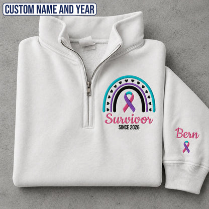 Personalized Teal-Pink-Blue Ribbon Inspired Name & Year Embroidered Unisex Quarter Zip Sweatshirt, Awareness Gift