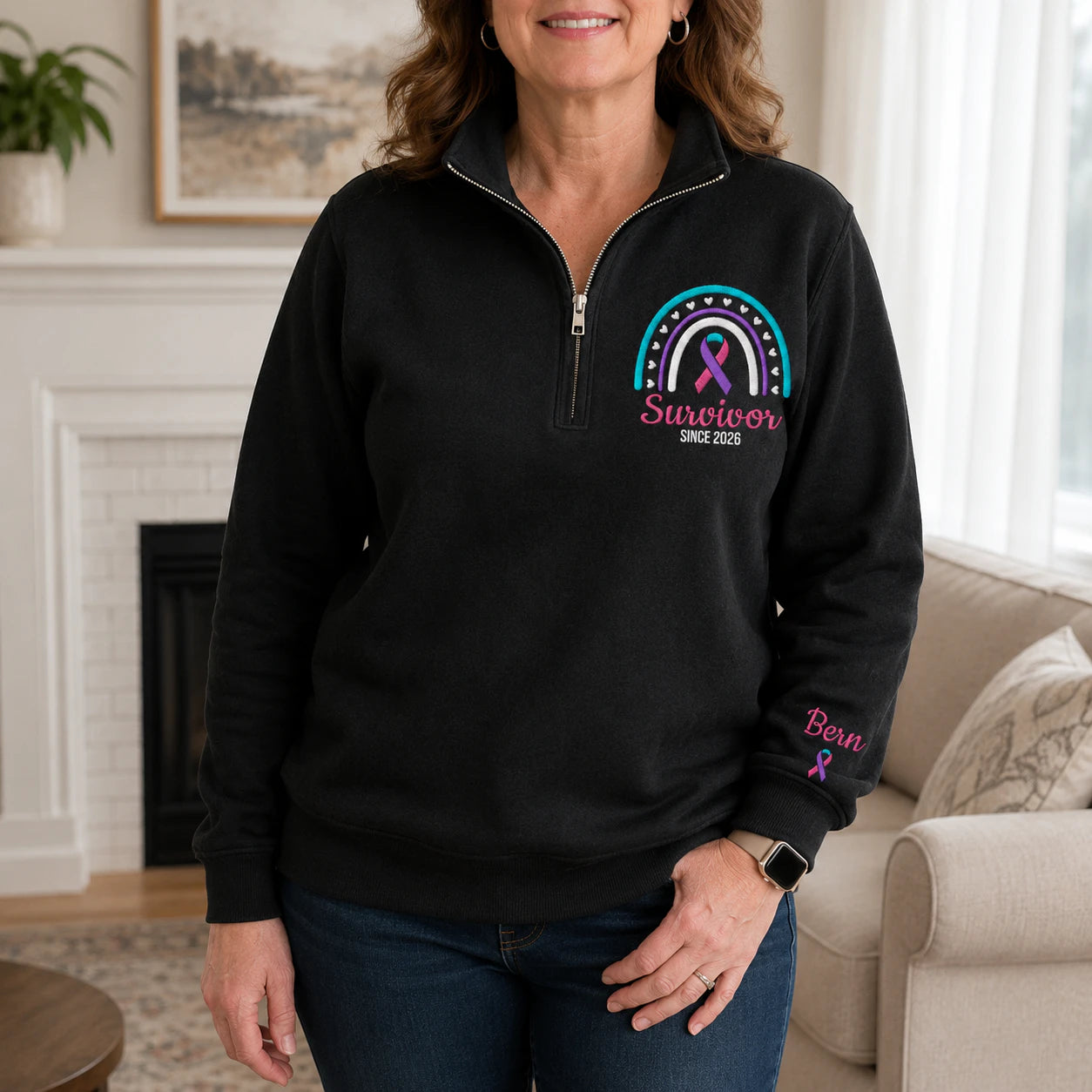 Personalized Teal-Pink-Blue Ribbon Inspired Name & Year Embroidered Unisex Quarter Zip Sweatshirt, Awareness Gift