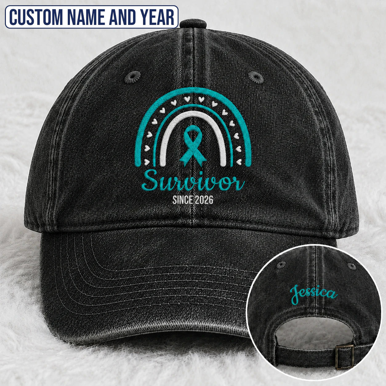 Personalized Name & Year Teal Ribbon Embroidered Washed Cap, Awareness Gift