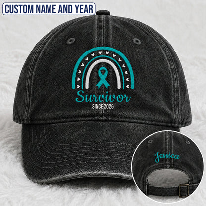 Personalized Name & Year Teal Ribbon Embroidered Washed Cap, Awareness Gift
