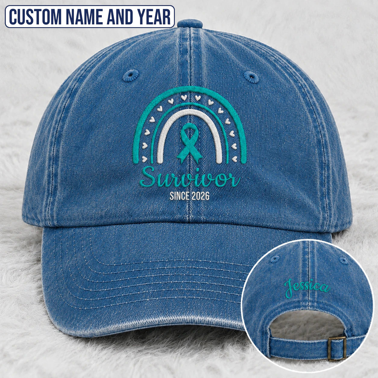 Personalized Name & Year Teal Ribbon Embroidered Washed Cap, Awareness Gift