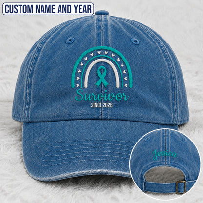 Personalized Name & Year Teal Ribbon Embroidered Washed Cap, Awareness Gift