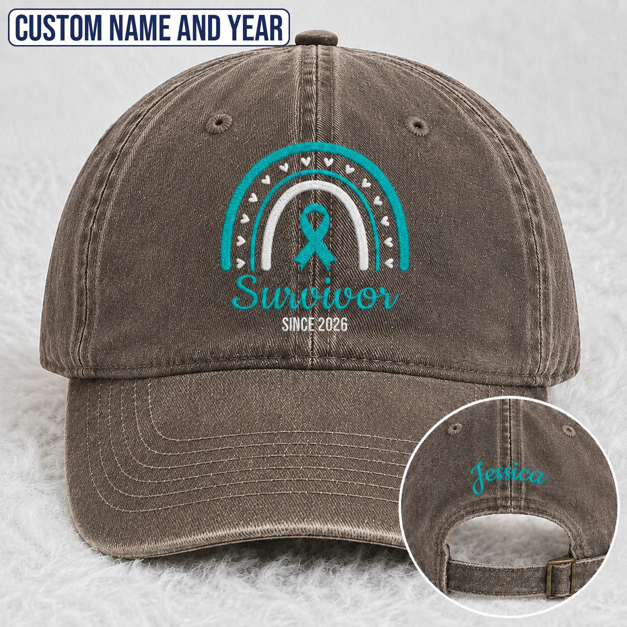 Personalized Name & Year Teal Ribbon Embroidered Washed Cap, Awareness Gift