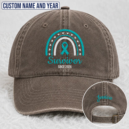 Personalized Name & Year Teal Ribbon Embroidered Washed Cap, Awareness Gift