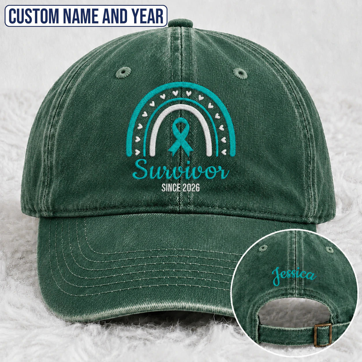 Personalized Name & Year Teal Ribbon Embroidered Washed Cap, Awareness Gift