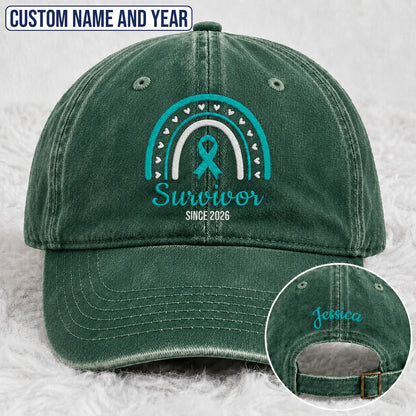 Personalized Name & Year Teal Ribbon Embroidered Washed Cap, Awareness Gift