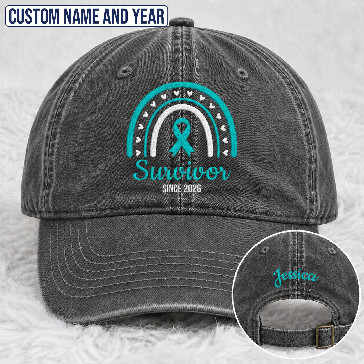 Personalized Name & Year Teal Ribbon Embroidered Washed Cap, Awareness Gift