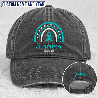 Personalized Name & Year Teal Ribbon Embroidered Washed Cap, Awareness Gift