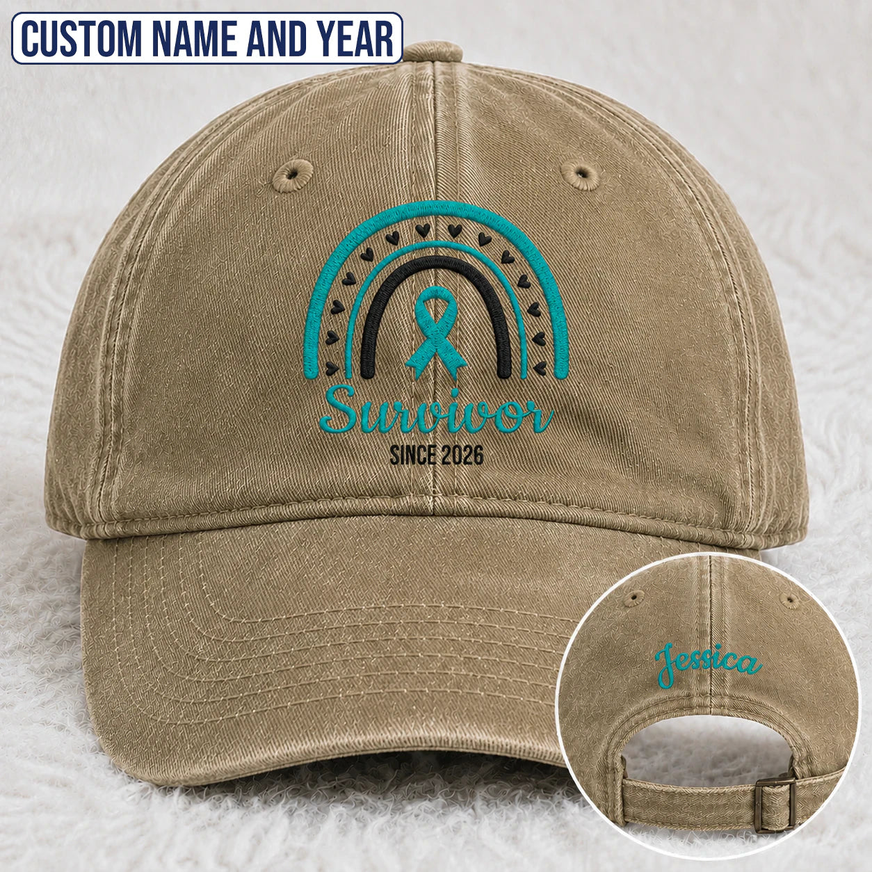 Personalized Name & Year Teal Ribbon Embroidered Washed Cap, Awareness Gift