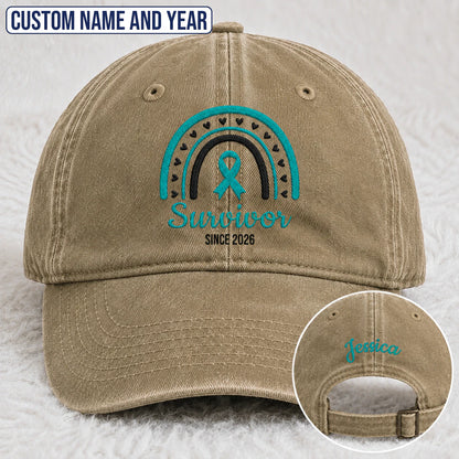Personalized Name & Year Teal Ribbon Embroidered Washed Cap, Awareness Gift
