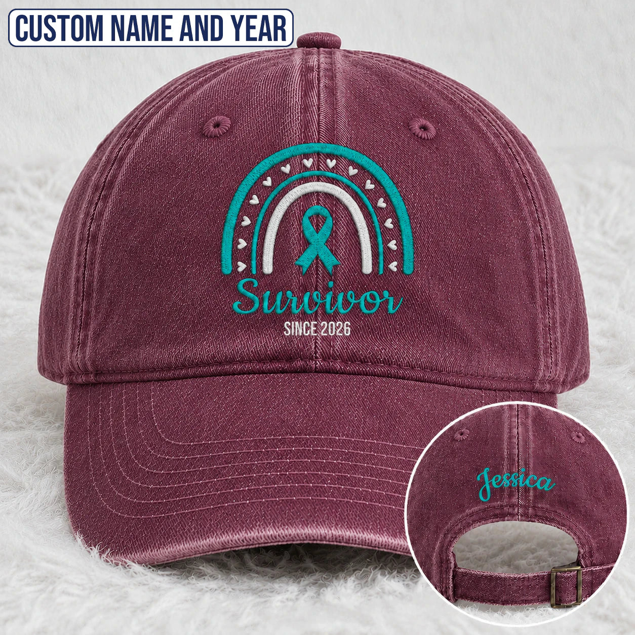 Personalized Name & Year Teal Ribbon Embroidered Washed Cap, Awareness Gift