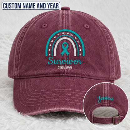 Personalized Name & Year Teal Ribbon Embroidered Washed Cap, Awareness Gift