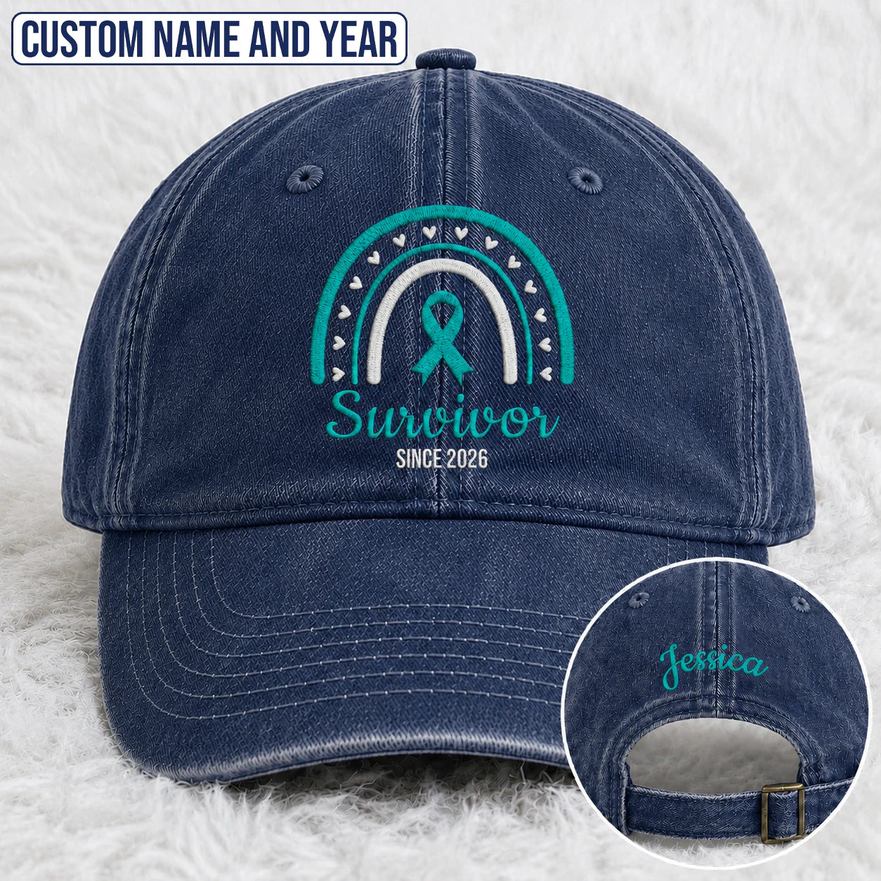 Personalized Name & Year Teal Ribbon Embroidered Washed Cap, Awareness Gift