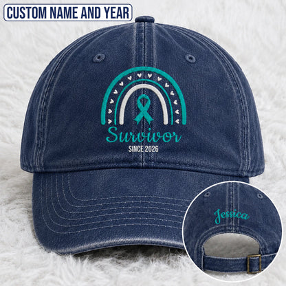 Personalized Name & Year Teal Ribbon Embroidered Washed Cap, Awareness Gift