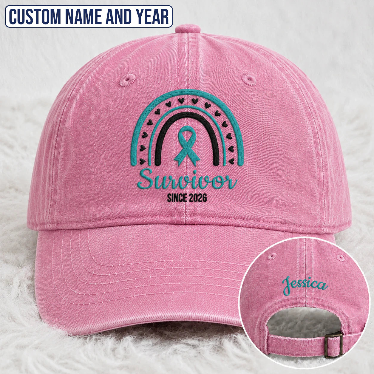 Personalized Name & Year Teal Ribbon Embroidered Washed Cap, Awareness Gift