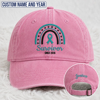 Personalized Name & Year Teal Ribbon Embroidered Washed Cap, Awareness Gift
