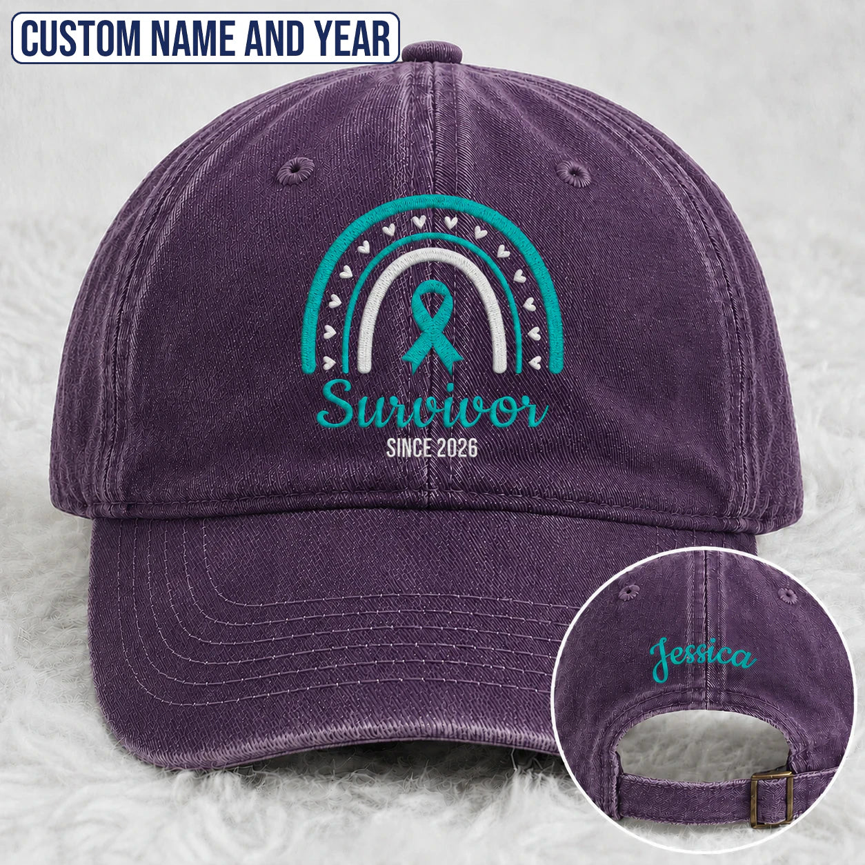 Personalized Name & Year Teal Ribbon Embroidered Washed Cap, Awareness Gift