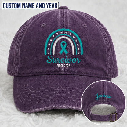 Personalized Name & Year Teal Ribbon Embroidered Washed Cap, Awareness Gift