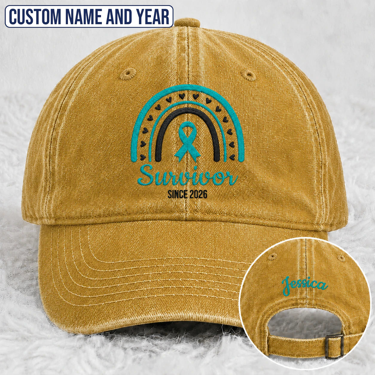 Personalized Name & Year Teal Ribbon Embroidered Washed Cap, Awareness Gift