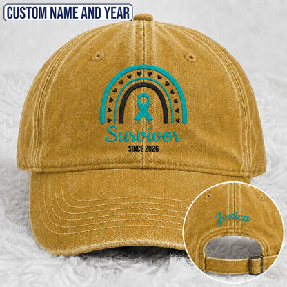 Personalized Name & Year Teal Ribbon Embroidered Washed Cap, Awareness Gift