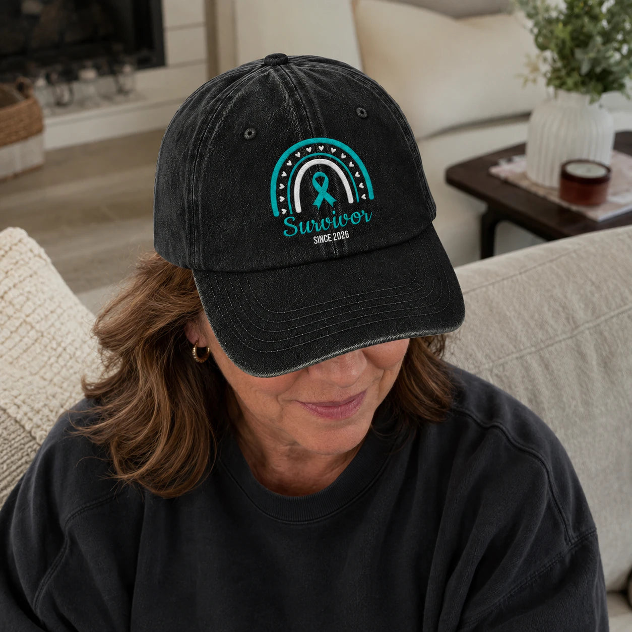 Personalized Name & Year Teal Ribbon Embroidered Washed Cap, Awareness Gift