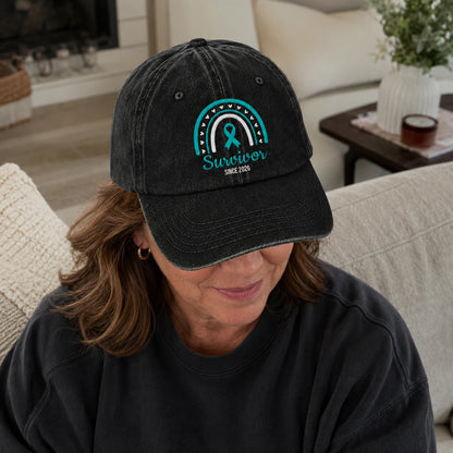 Personalized Name & Year Teal Ribbon Embroidered Washed Cap, Awareness Gift
