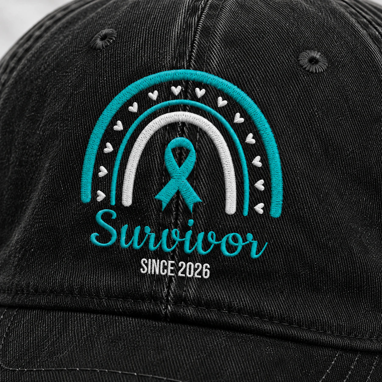 Personalized Name & Year Teal Ribbon Embroidered Washed Cap, Awareness Gift