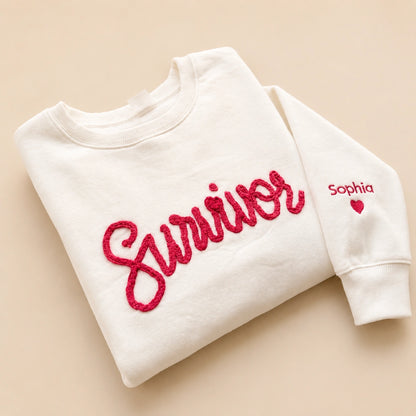 Personalized Pink Ribbon Yarn Embroidered Sweatshirt, Awareness Gift