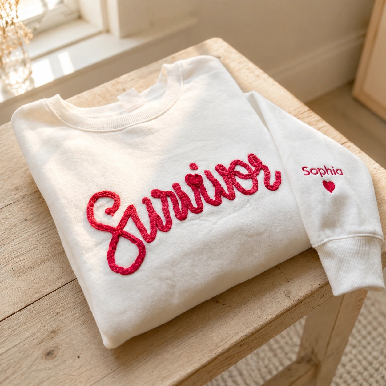 Personalized Pink Ribbon Yarn Embroidered Sweatshirt, Awareness Gift