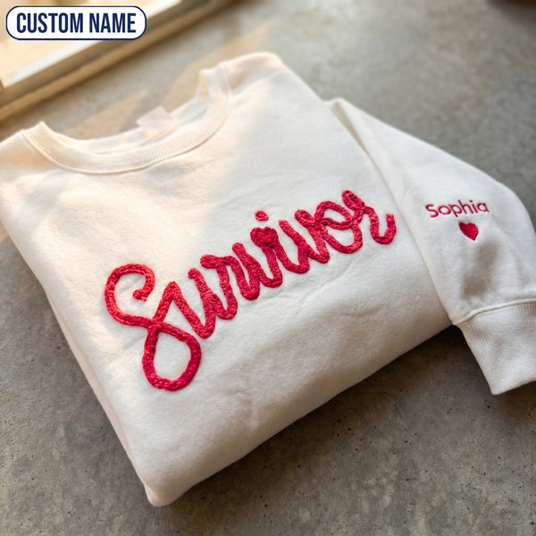 Personalized Pink Ribbon Yarn Embroidered Sweatshirt, Awareness Gift