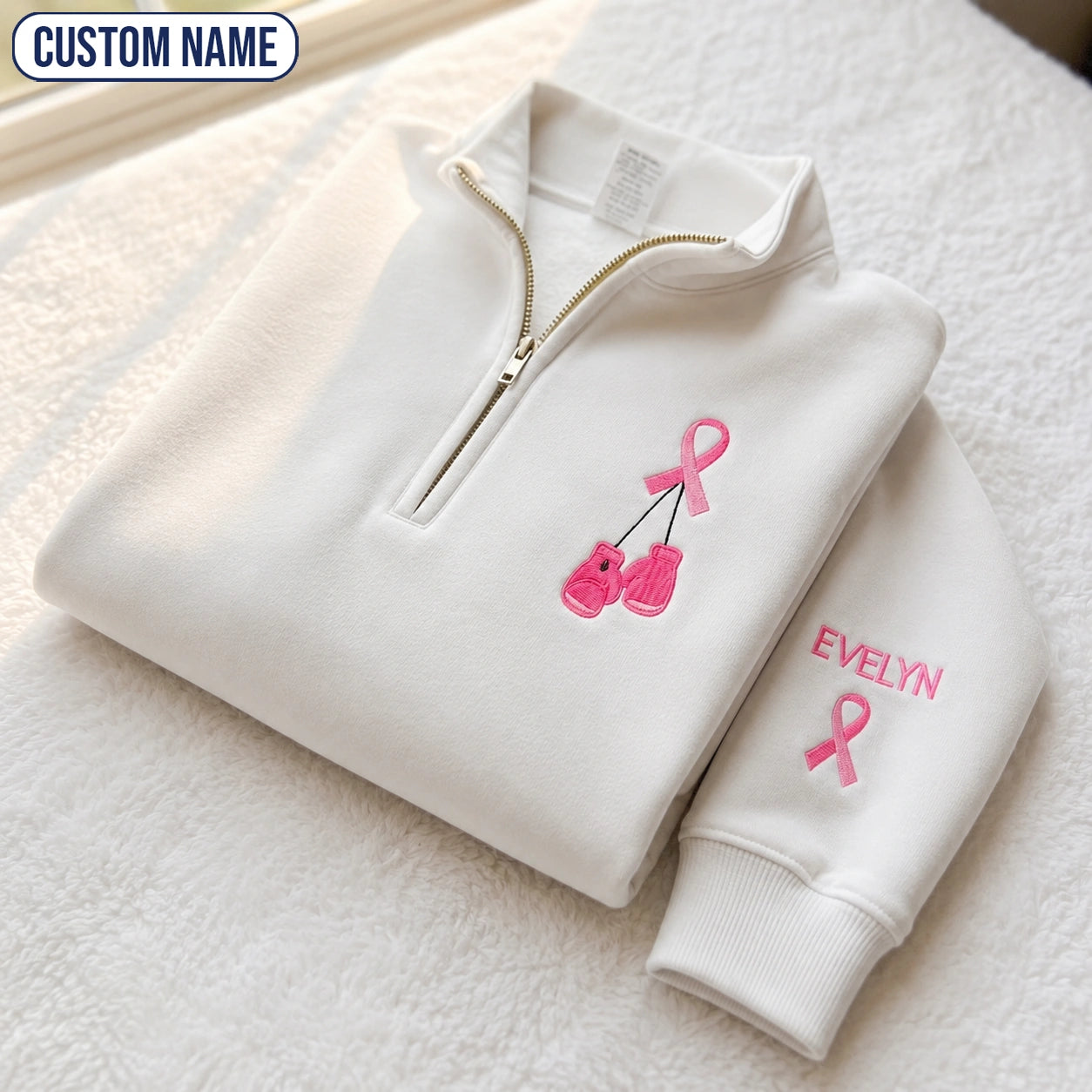 Personalized Pink Ribbon Boxing Gloves Embroidered Unisex Quarter Zip Sweatshirt, Awareness Gift