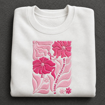 A Cure Worth Fighting For Embroidered Unisex Crewneck Sweatshirt, Pink Ribbon Awareness Gift
