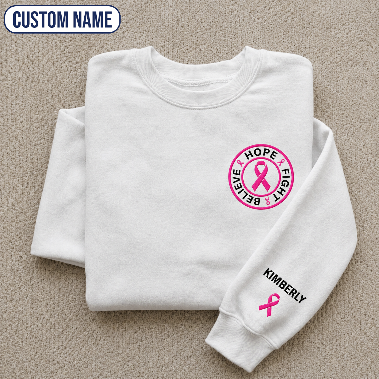 Personalized Believe Hope and Fight Embroidered Unisex Crewneck Sweatshirt, Pink Ribbon Awareness Gift