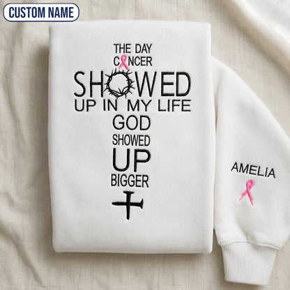 Personalized God Showed Up Bigger Pink Ribbon Embroidered Unisex Crewneck Sweatshirt, Awareness Gift