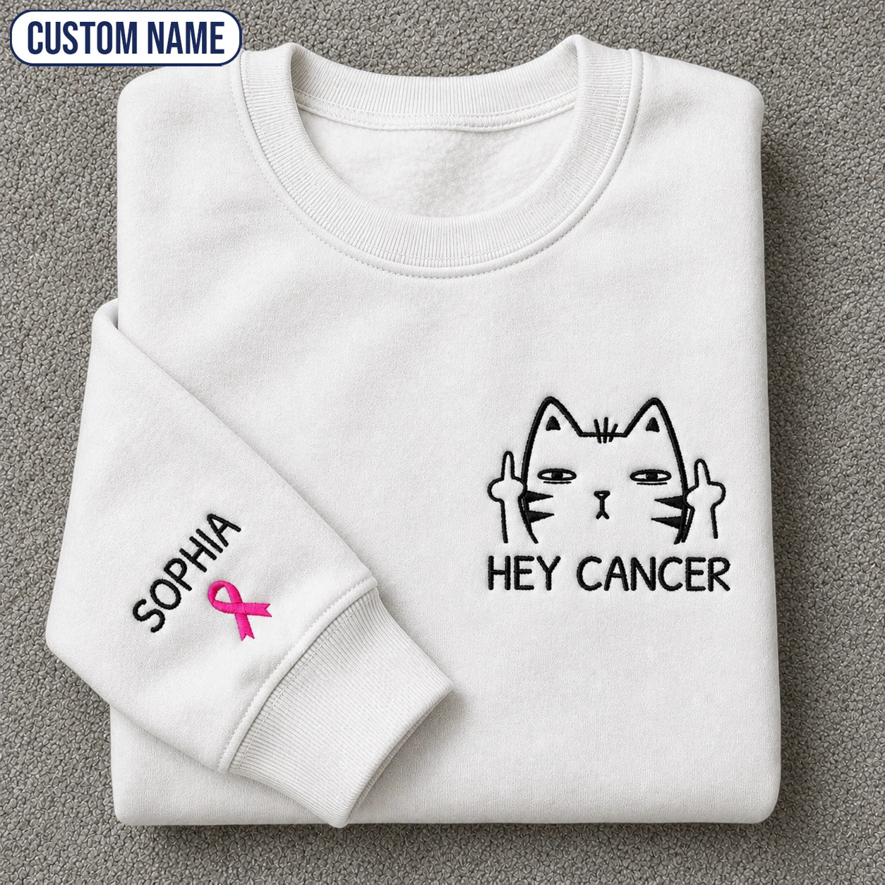 Personalized Funny Cat Pink Ribbon Embroidered Unisex Crewneck Sweatshirt, Awareness Gift