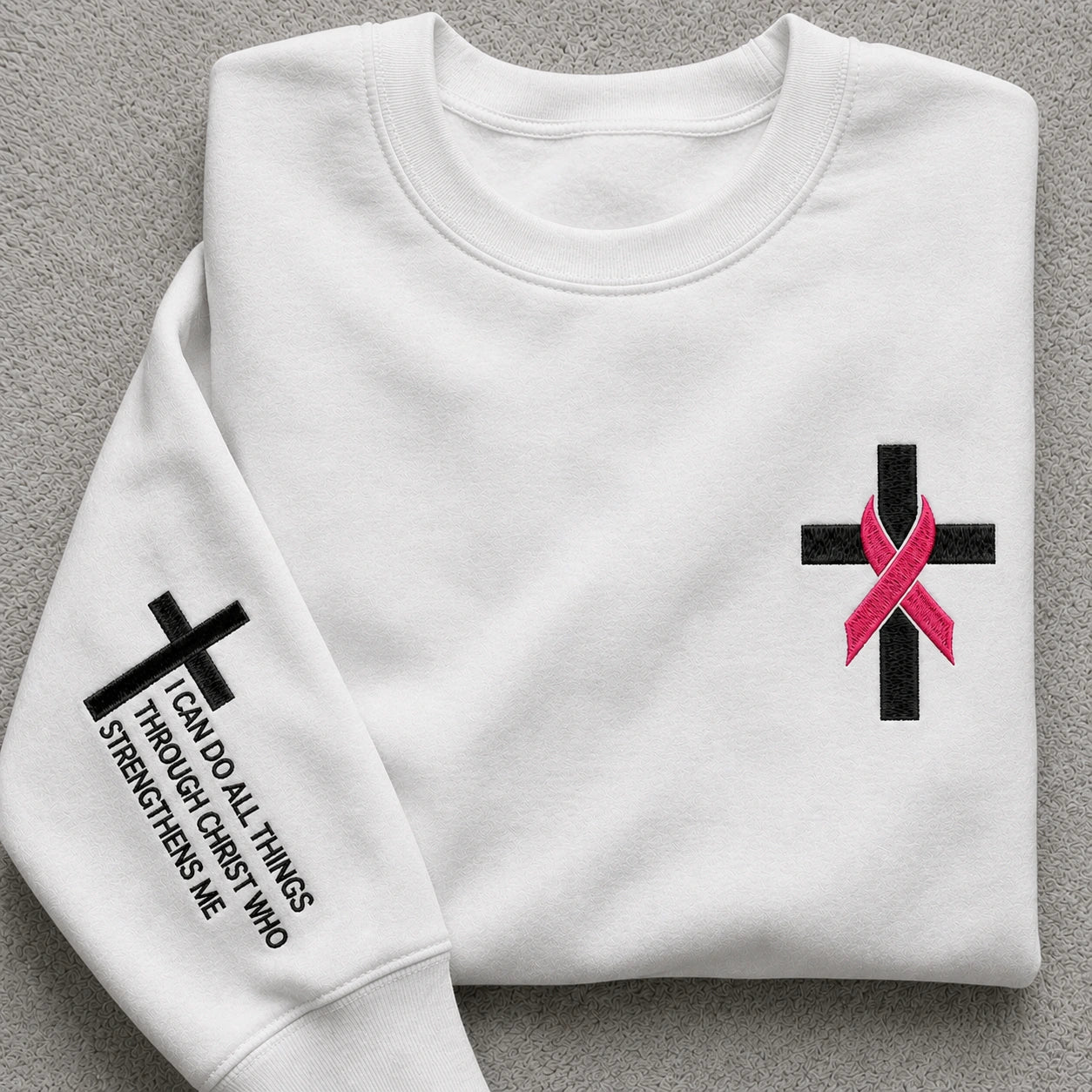 I Can Do All Things Through Christ Who Strengthens Me Embroidered Unisex Crewneck Sweatshirt, Pink Ribbon Awareness Gift